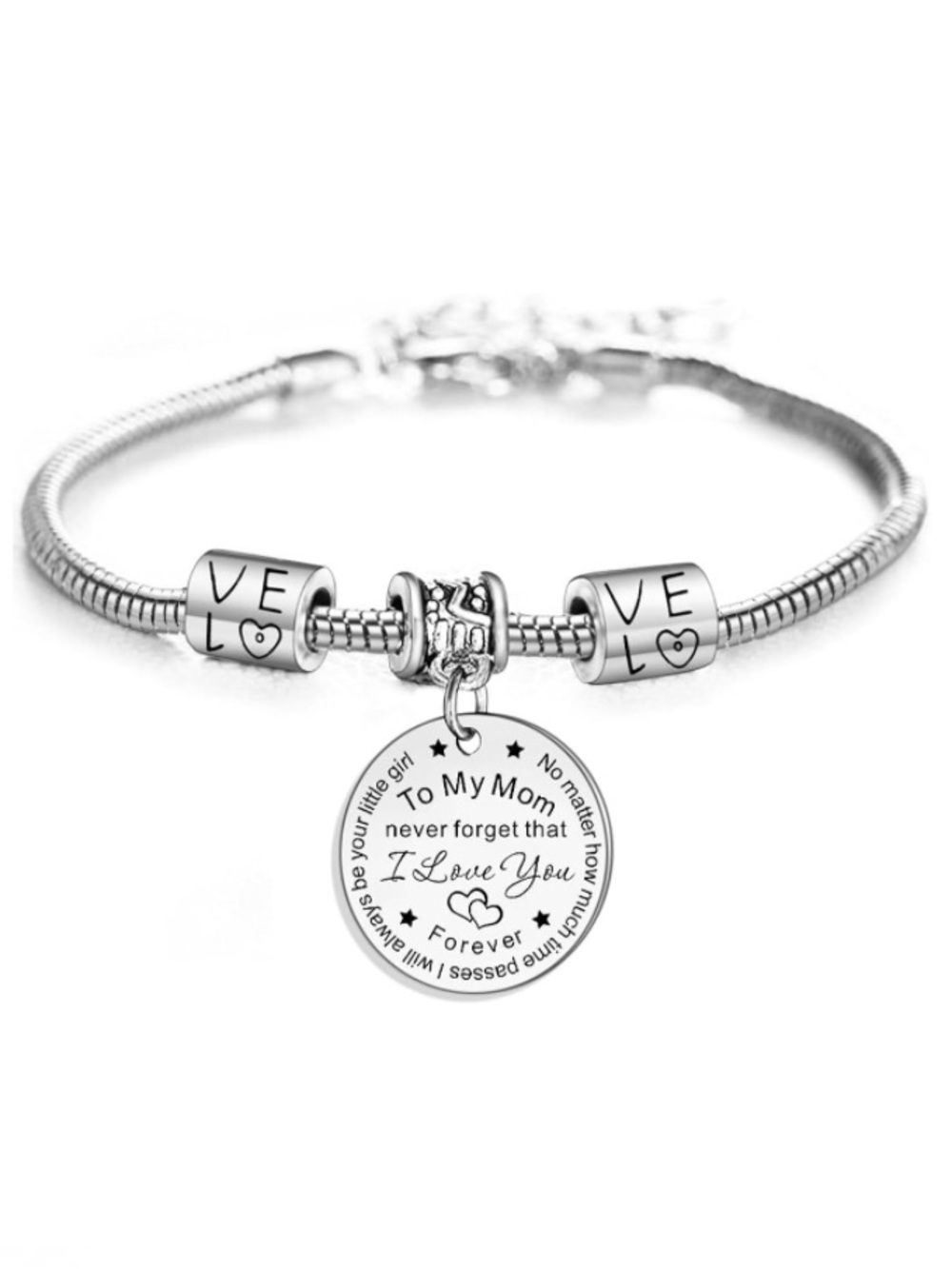 New! Mom From Daughter Silver Coin Charm & Bead Bracelet